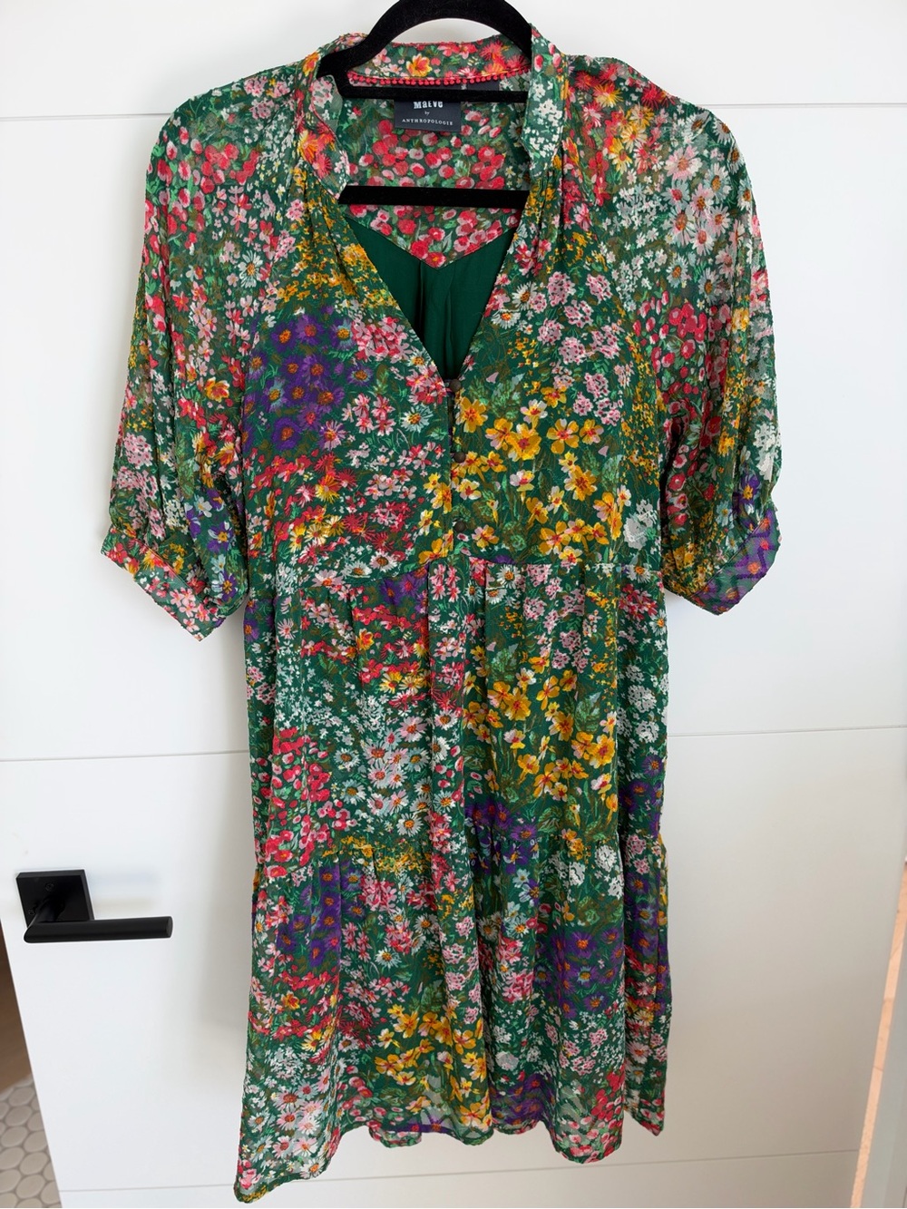 Mango Green Floral Tiered Short Sleeve Dress